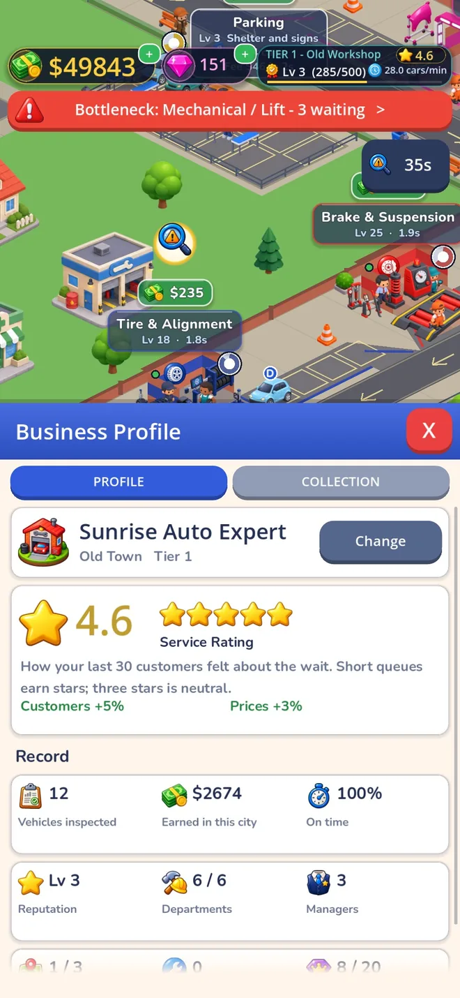 Keep customers happy: a real screenshot of Auto Expert Tycoon