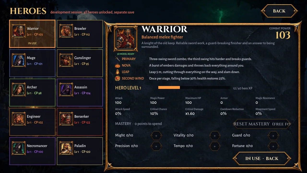 Choose your hero: a real screenshot of Harrowrift: Horde Survival