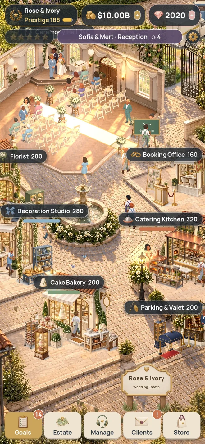 The town square of the estate with a wedding in the Ceremony Hall: a real screenshot of Wedding Venue Tycoon