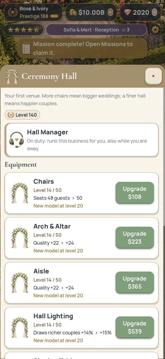 Start with one hall: a real screenshot of Wedding Venue Tycoon