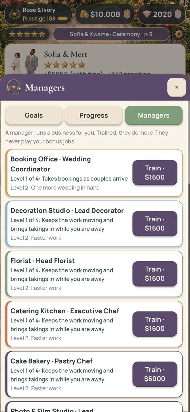 Build your businesses: a real screenshot of Wedding Venue Tycoon