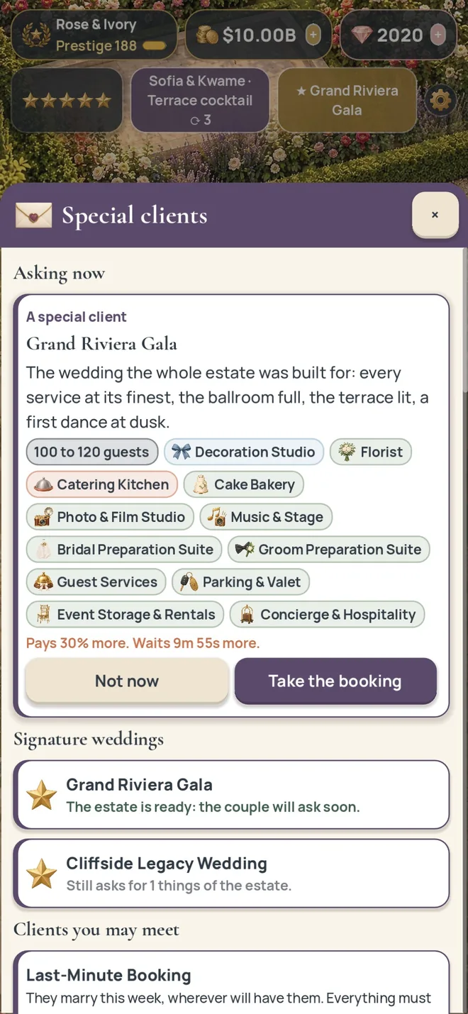 Always something to do: a real screenshot of Wedding Venue Tycoon