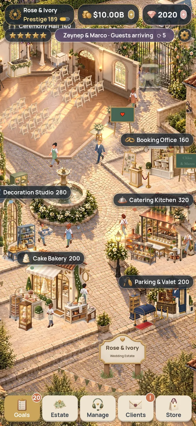Build your businesses: a real screenshot of Wedding Venue Tycoon
